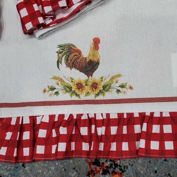 Lot/3 Rooster Red Cafe Ruffle Print Kitchen Dish Towels 225 - Picture 3 of 4